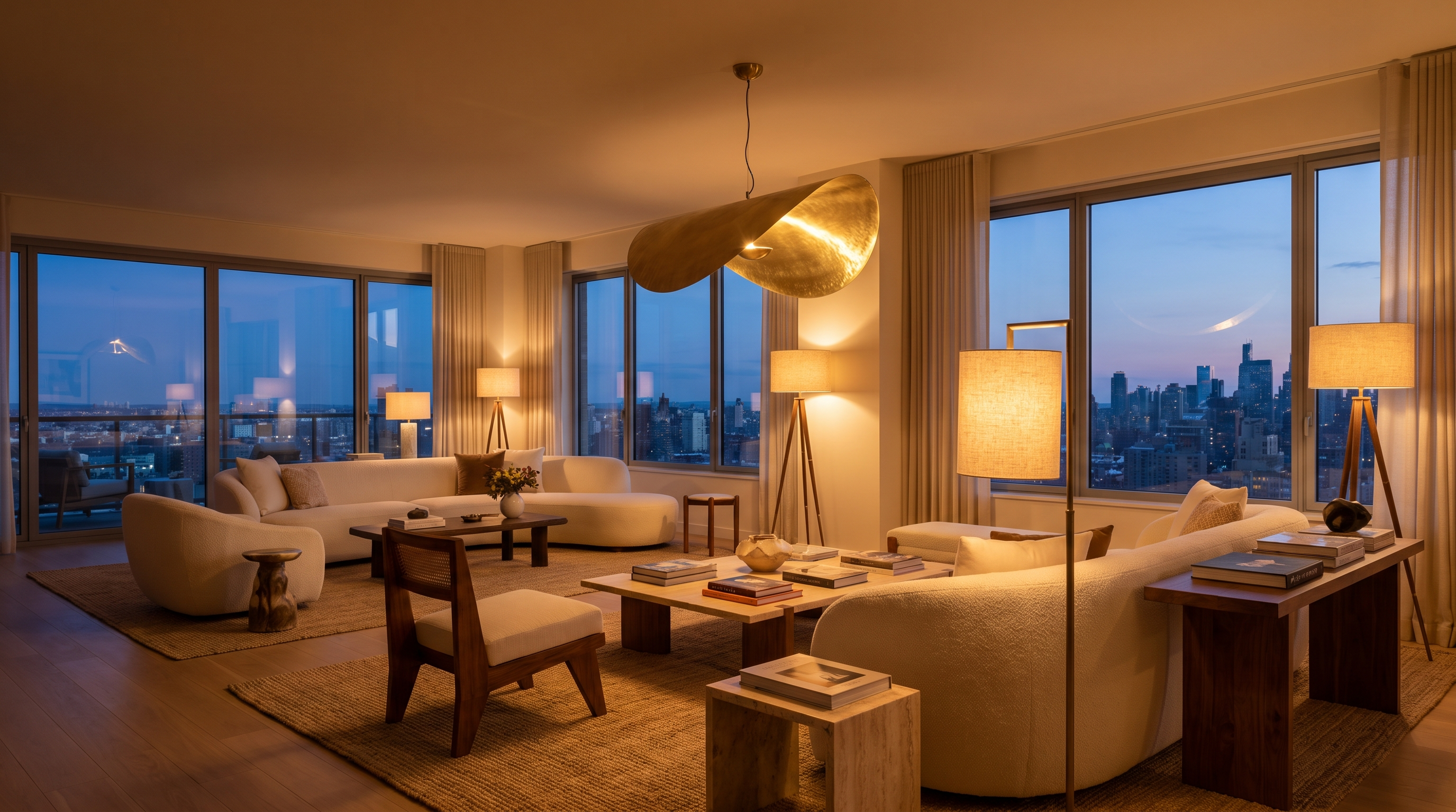 About Seya Living hero - elegant living room with warm designer lighting
