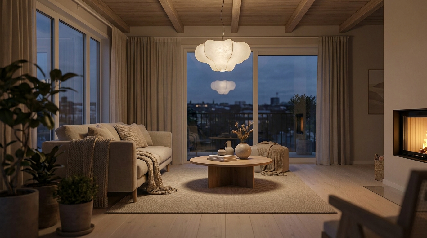 Modern living room at dusk with a glowing modern ceiling light fixture
