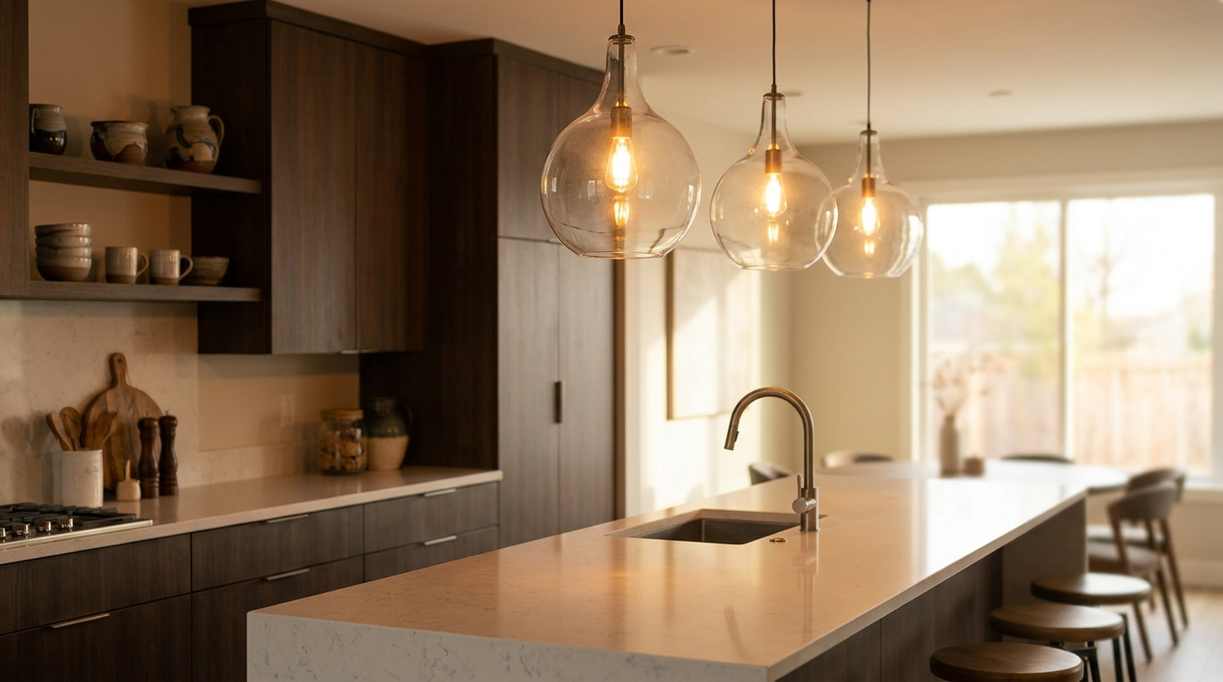 Three glass pendant lights hanging in a row above a modern kitchen island
