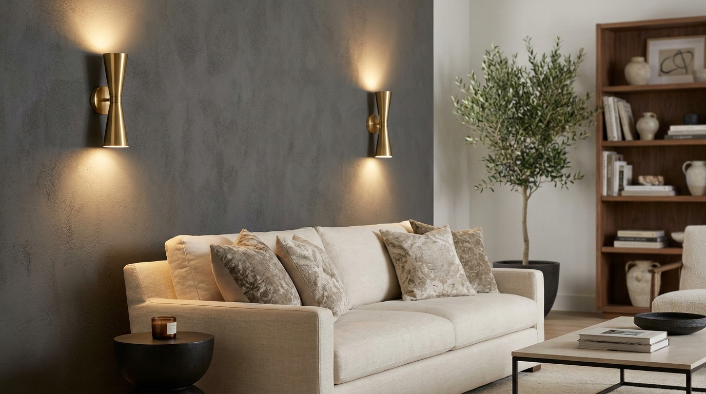 Modern living room with two matching wall sconces flanking a sofa