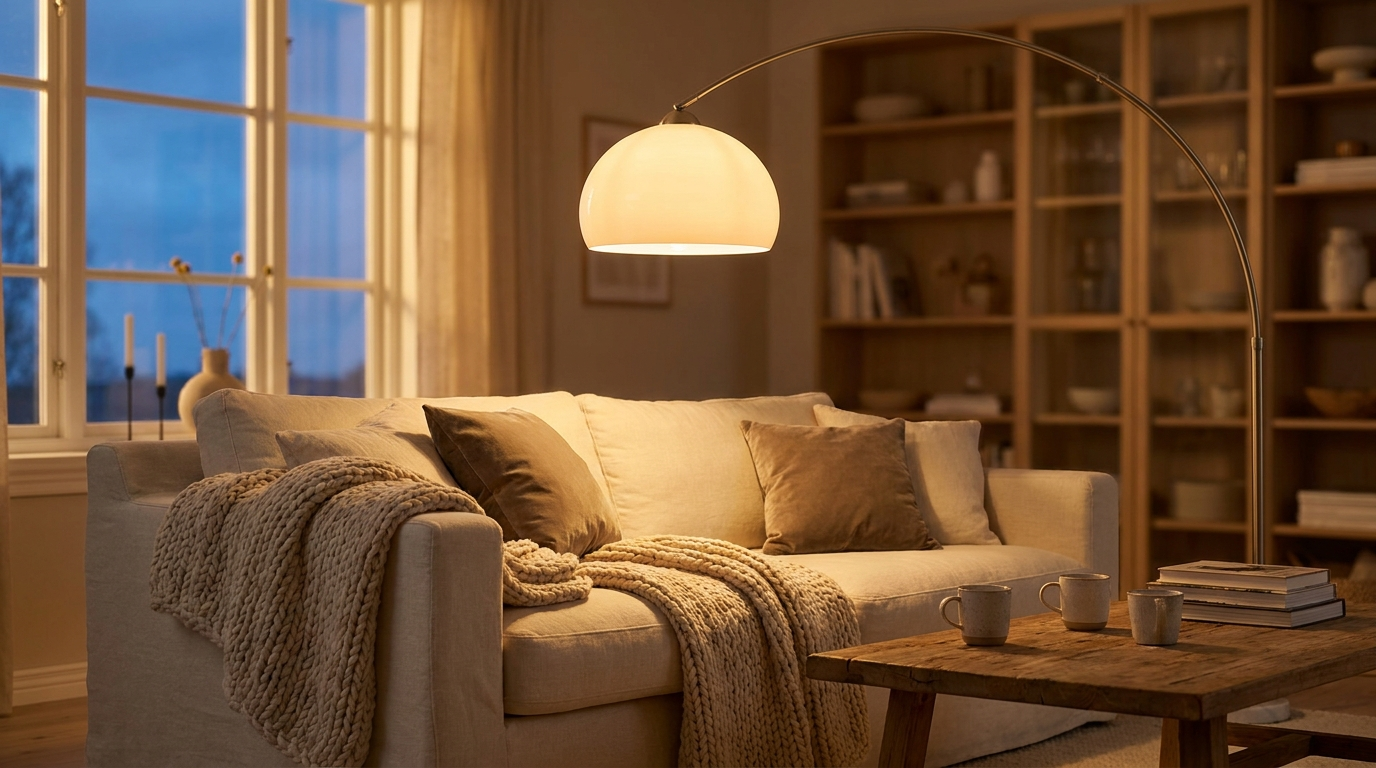 Cozy living room bathed in warm white light at dusk