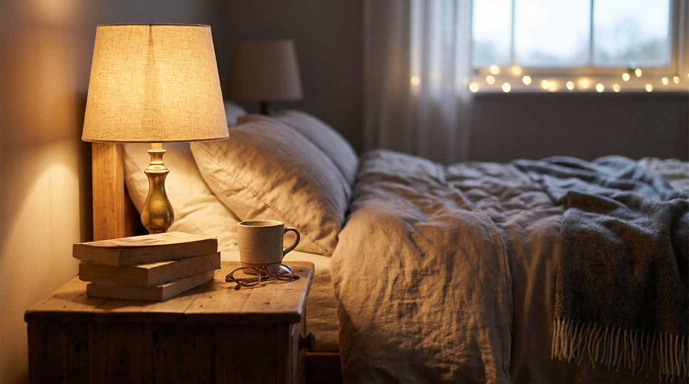 Cozy bedroom nightstand with a warm glowing table lamp