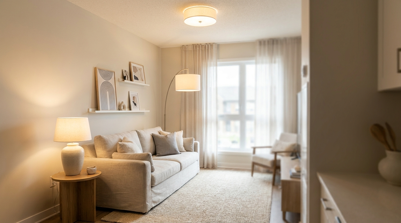 Small cozy living room with layered lighting