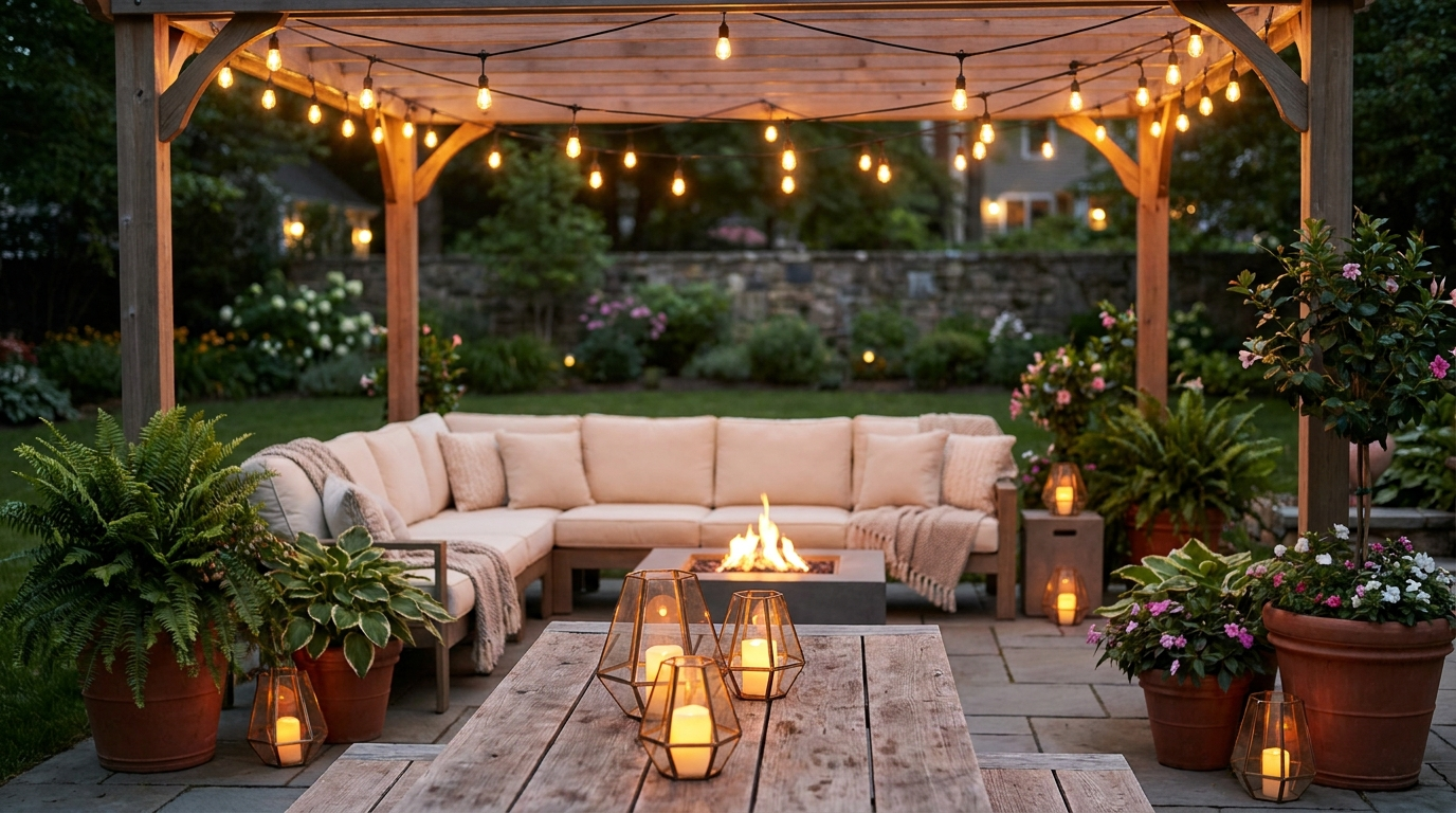 Backyard patio at dusk with warm string lights and outdoor lanterns