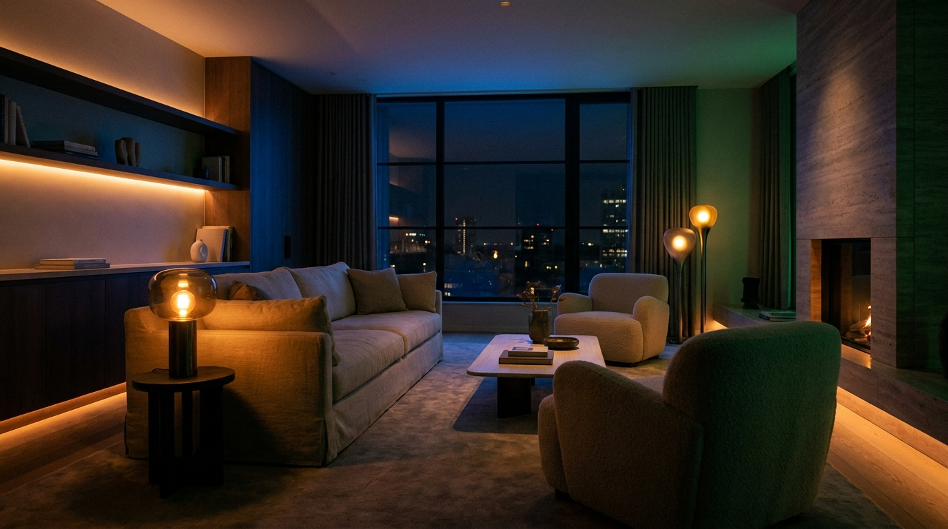 Modern living room at night with atmospheric mood lighting