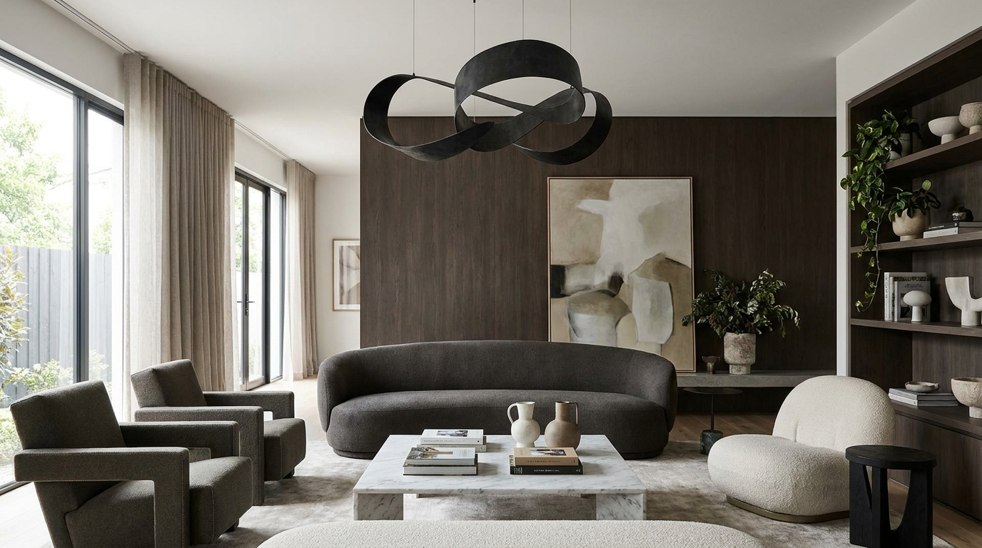 Trendy contemporary living room with a bold sculptural statement pendant light