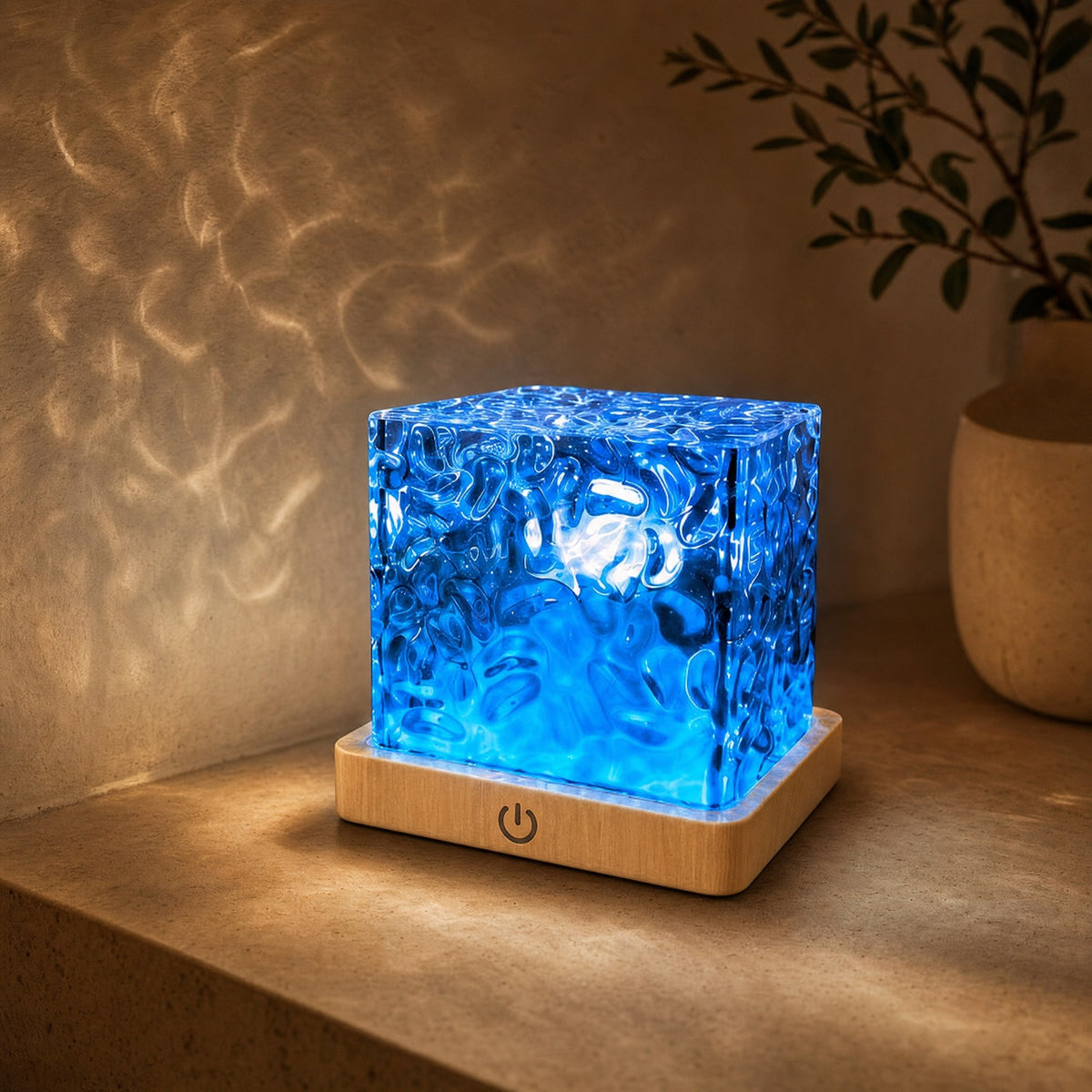 Water ripple cube table lamp lit deep blue on an ivory travertine ledge, ripples on the warm plaster wall