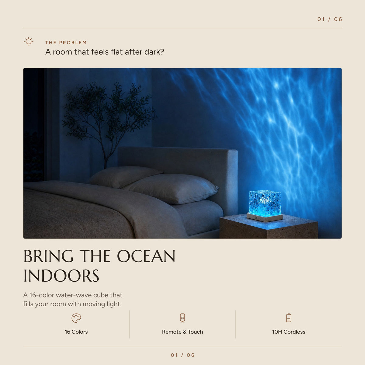 Overview of the water ripple cube lamp: 16 colors, remote and touch control, 10 hours cordless