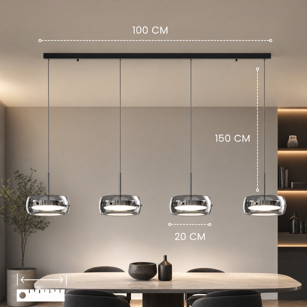 Close-up of the glass and aluminium drum pendant light shade