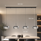 Close-up of the glass and aluminium drum pendant light shade