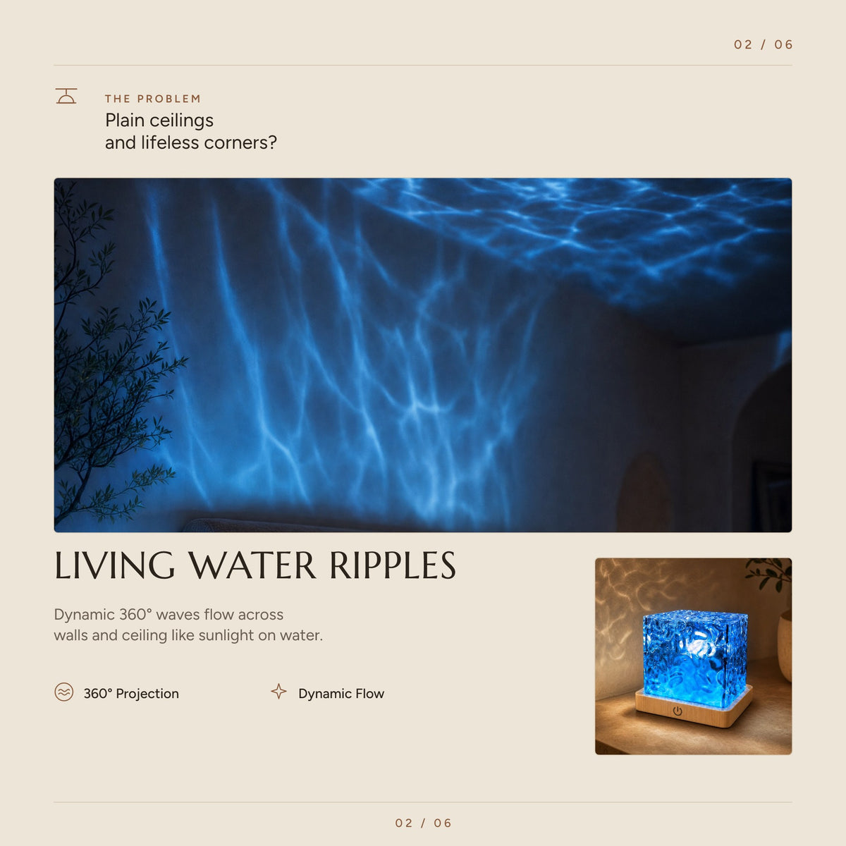 Dynamic 360 degree water ripples projected across walls and ceiling by the cube lamp