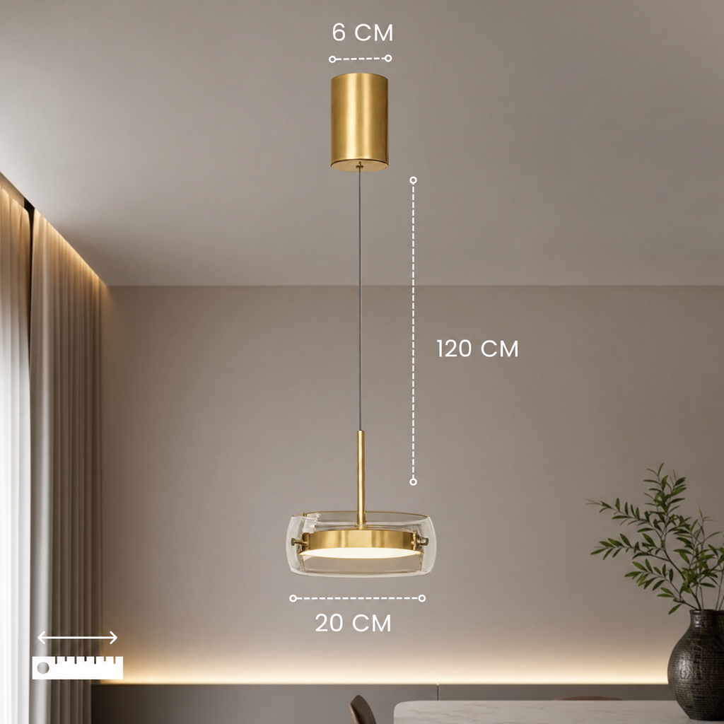 Warm white glass drum pendant light in a cozy dining room