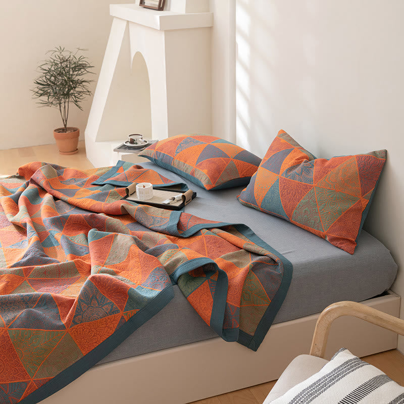 Reversible Triangle Pattern Cotton Quilt for Bed Layering