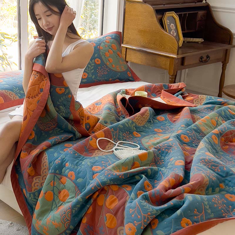 Reversible Persimmon Flower Cotton Quilt for Bed and Sofa Use