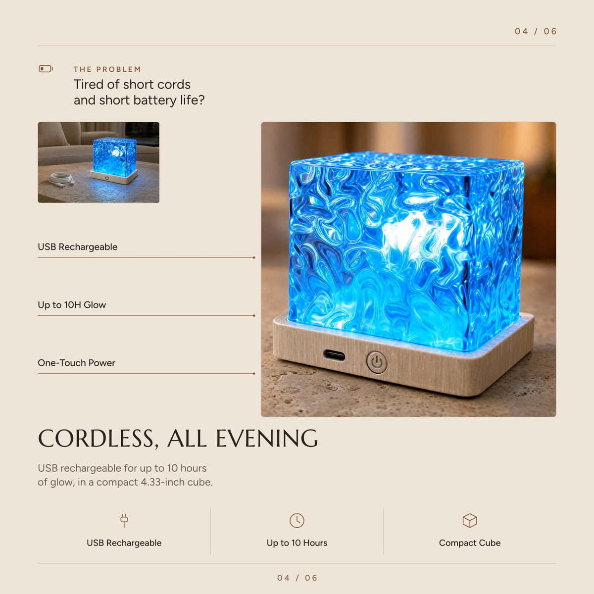 Cordless all evening: USB rechargeable cube lamp with up to 10 hours of glow and one-touch power