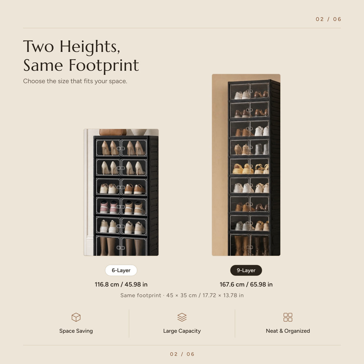 Height comparison of the 6-layer and 9-layer shoe cabinets, both sharing the same 45 by 35 cm footprint