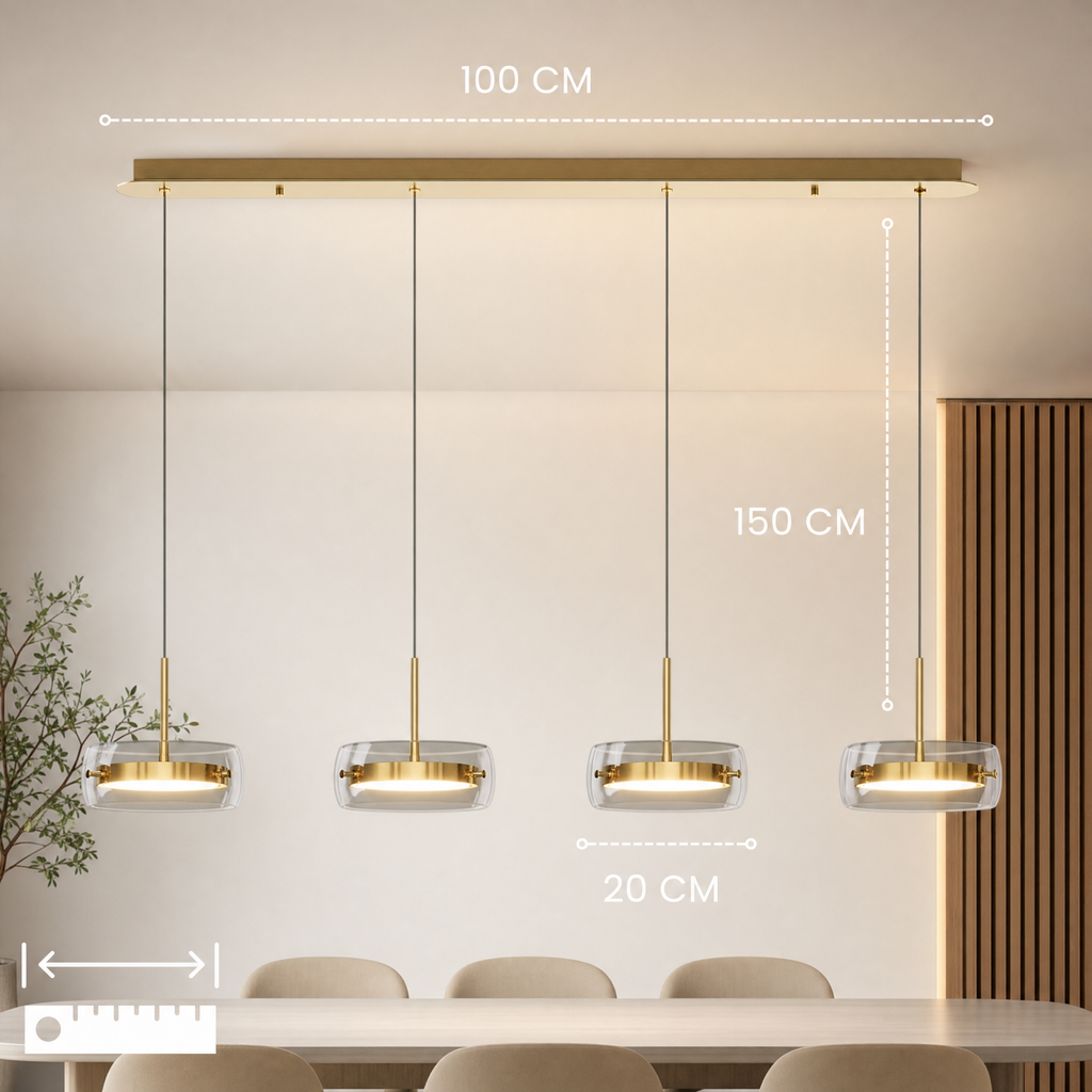 Four-head glass drum pendant light cluster over a dining table