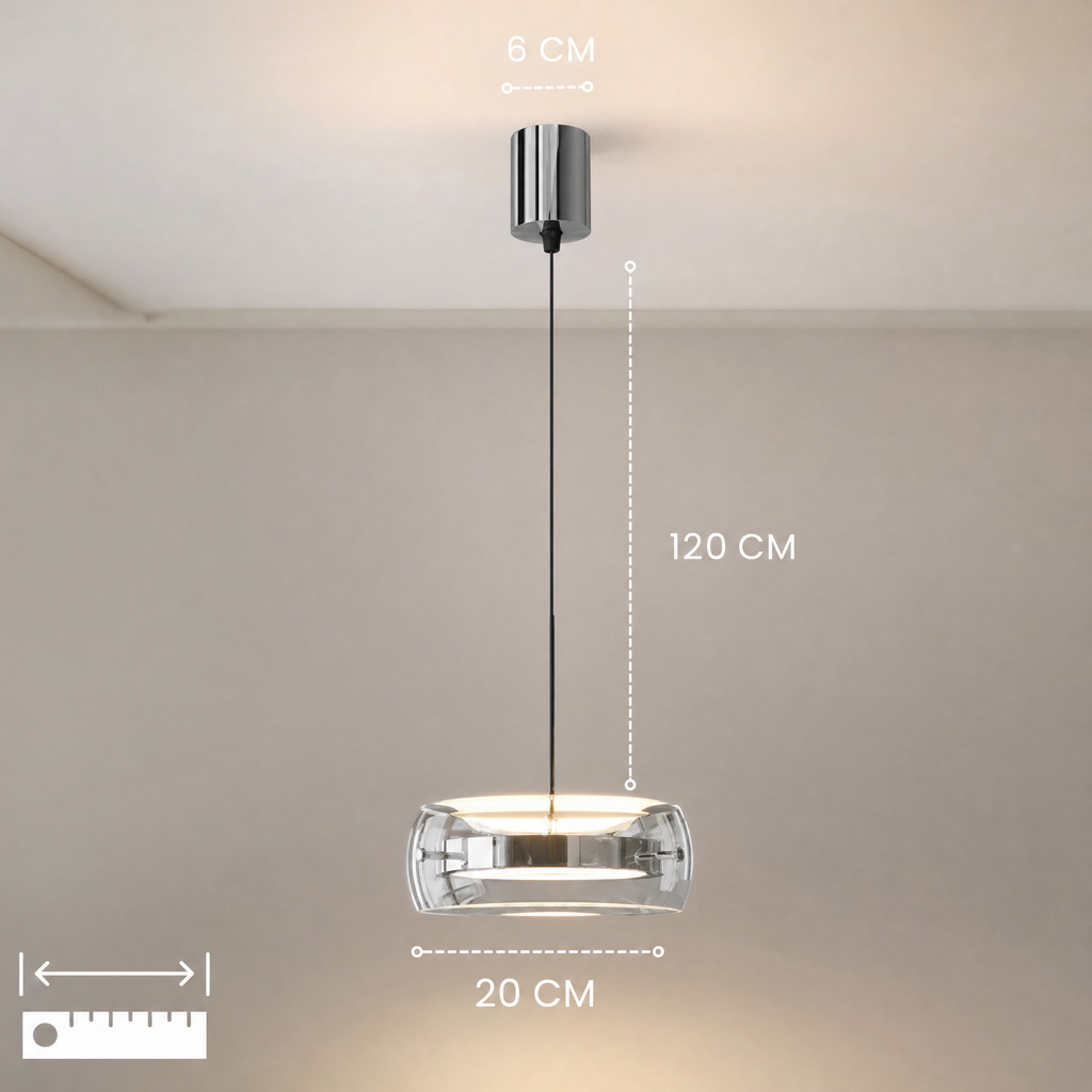 Glass drum pendant light illuminating a modern interior