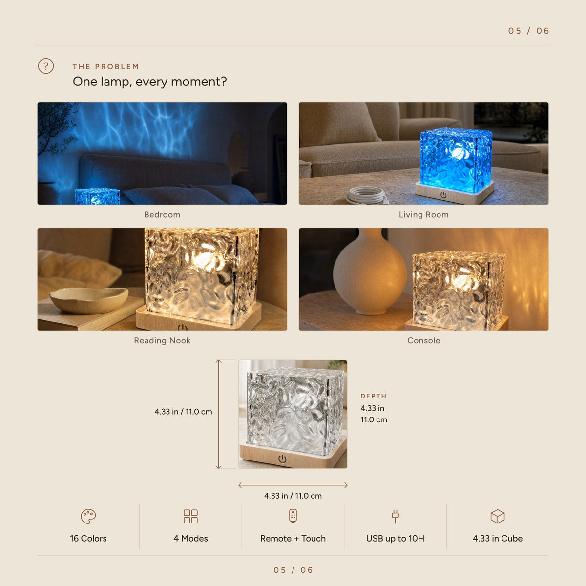 The cube lamp in bedroom, living room, reading nook and console settings, with 4.33 inch dimensions