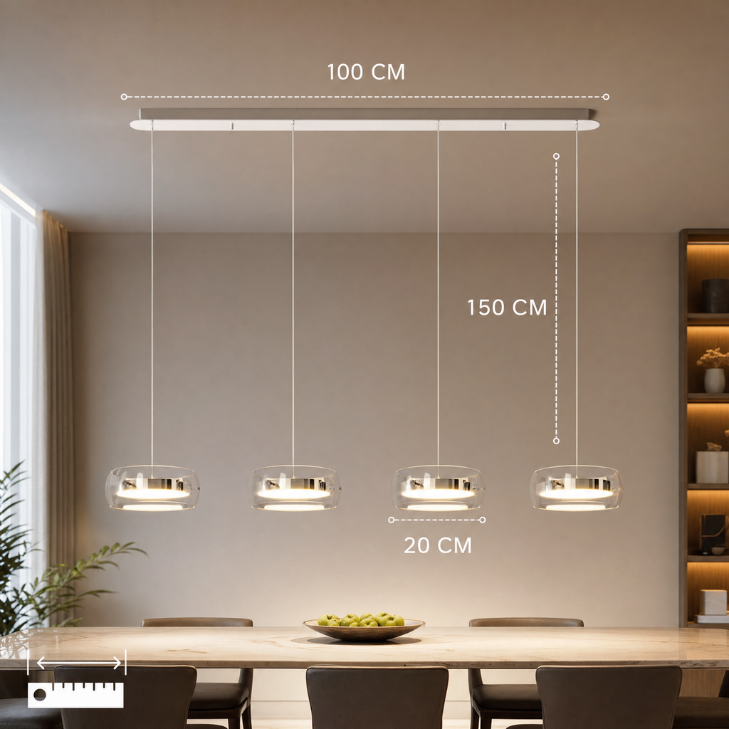Gold glass drum pendant light with adjustable hanging cable in a dining room