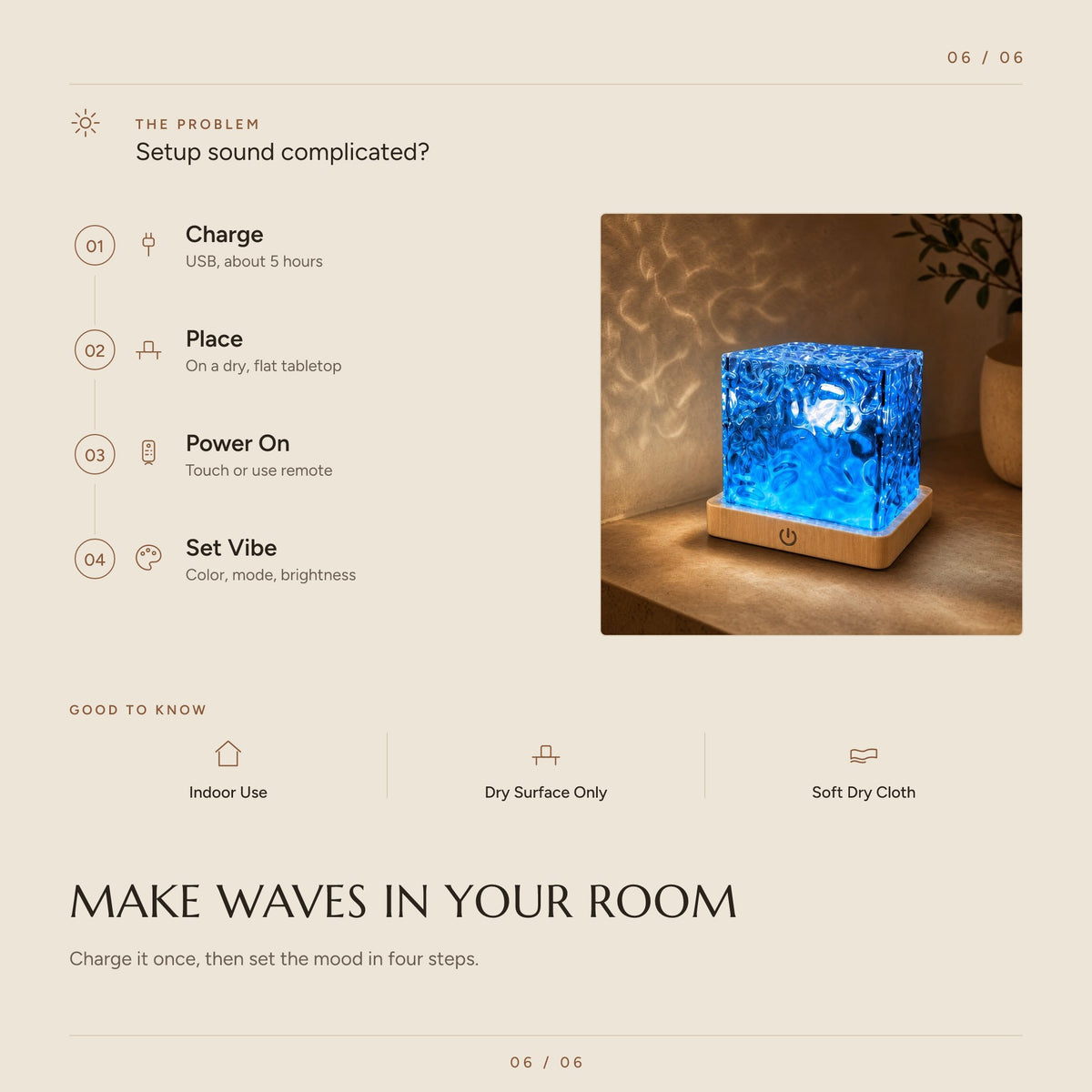Four step setup for the cube lamp: charge by USB, place on a dry surface, power on, set the mood