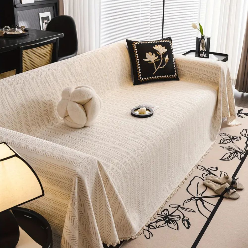 Chenille Herringbone Sofa Cover with Decorative Tassel Edges