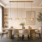 Black glass drum pendant light over a modern kitchen island