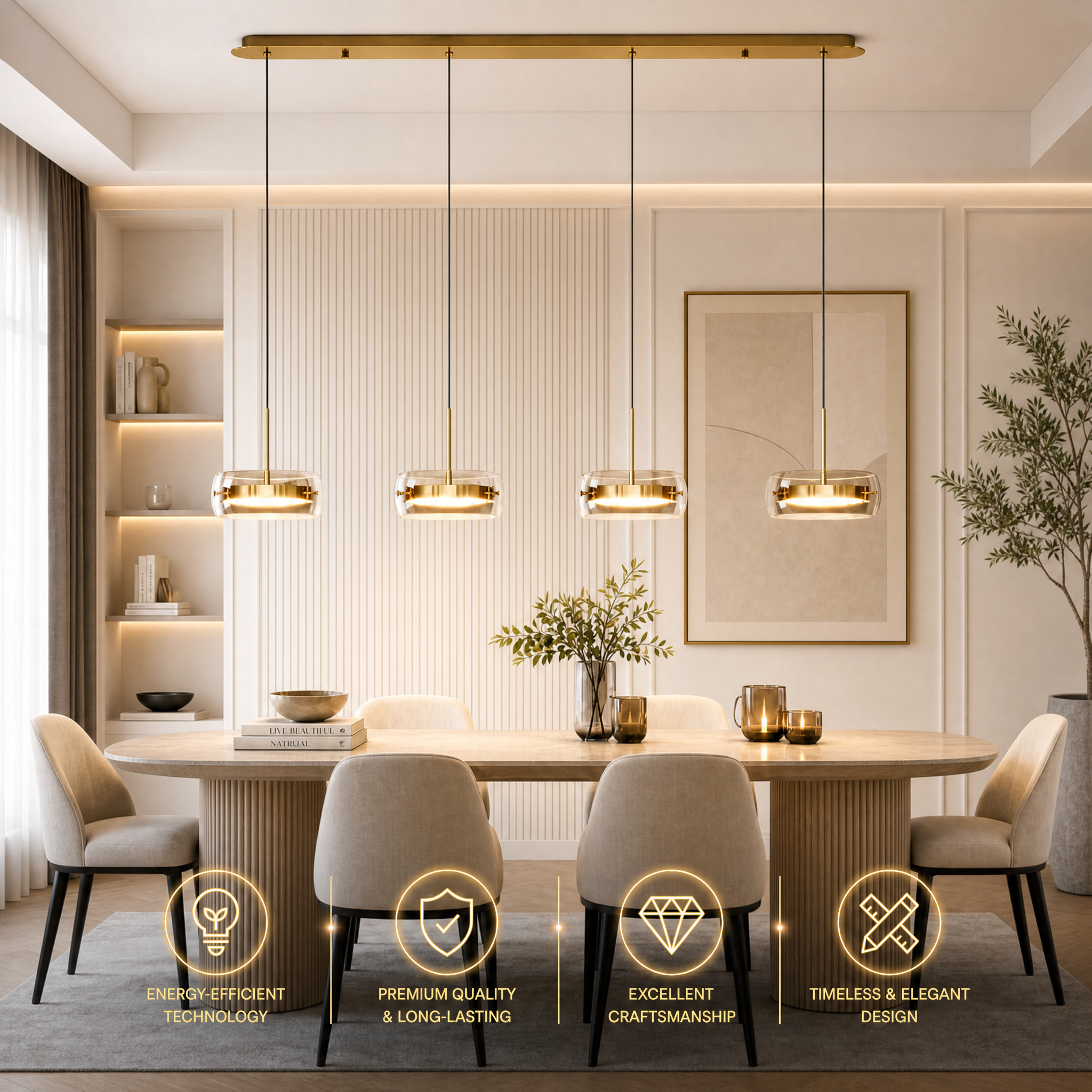 Black glass drum pendant light over a modern kitchen island