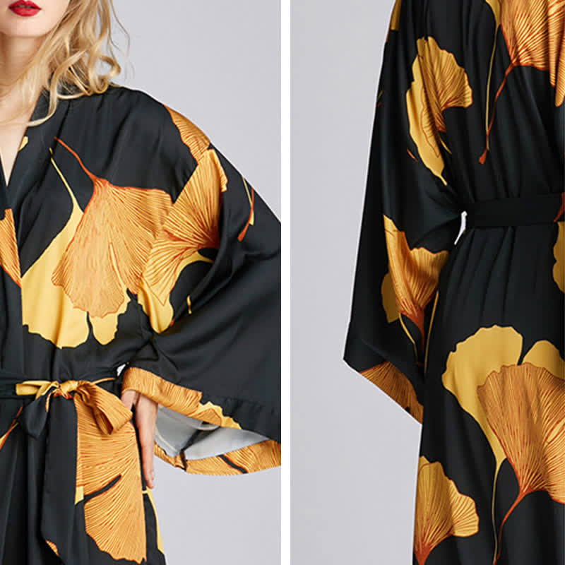 Lightweight V Neck Robe with Ginkgo Pattern for Lounge Wear