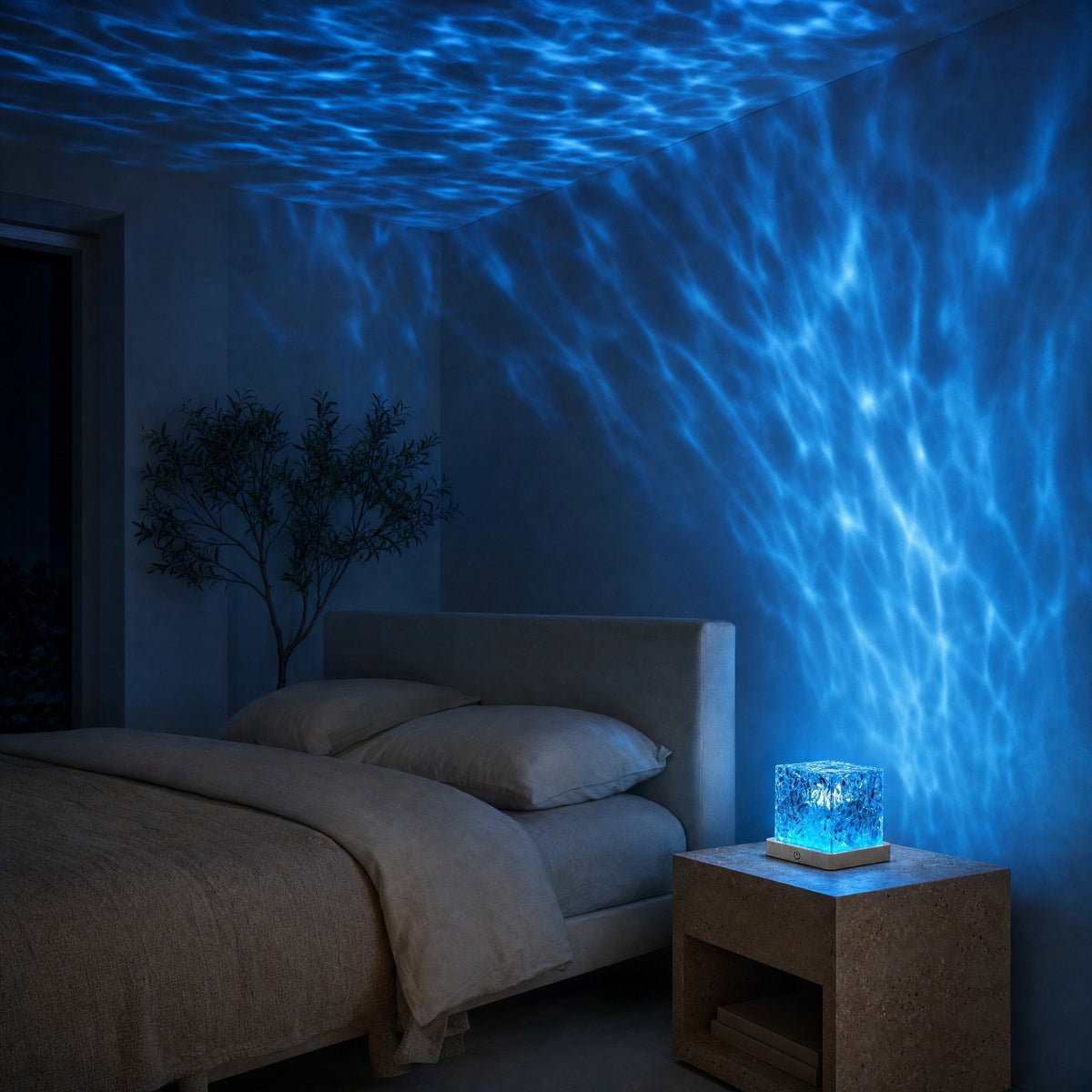 Dark bedroom lit only by the cube lamp, water ripples spreading across the wall and ceiling