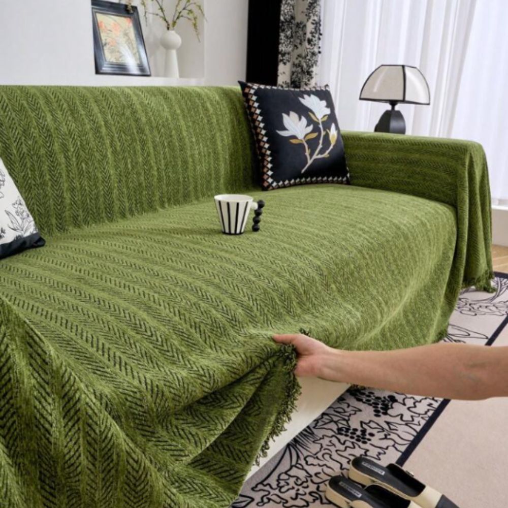 Chenille Herringbone Sofa Cover with Decorative Tassel Edges