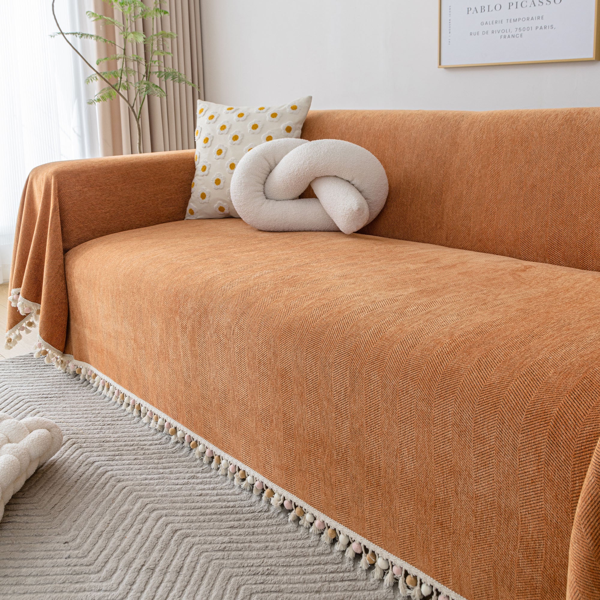 Herringbone Tassel Chenille Sofa Cover for Pet Friendly Homes