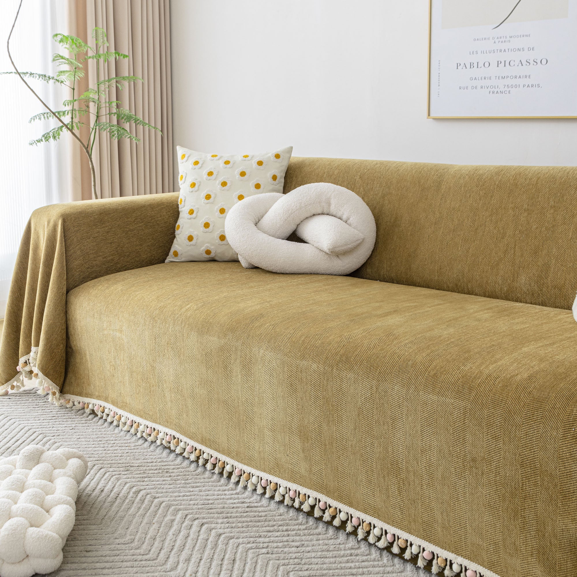 Herringbone Tassel Chenille Sofa Cover for Pet Friendly Homes
