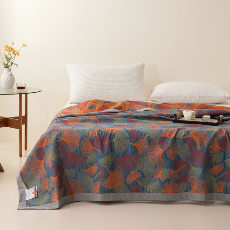 Botanical Cotton Gauze Quilt with Ginkgo Leaf Pattern
