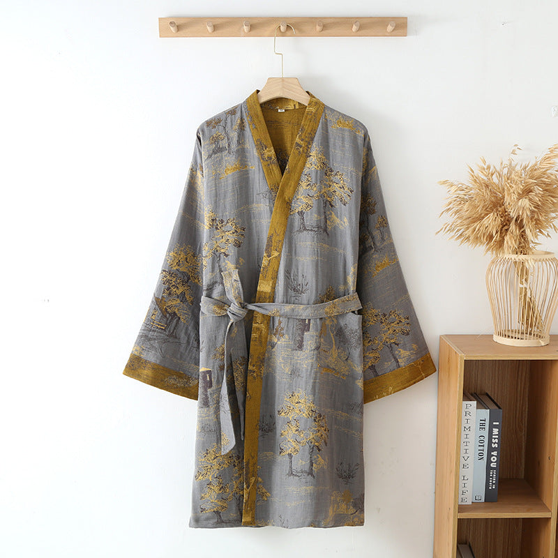 Breathable Cotton Gauze Kimono Bathrobe for Lounge Wear