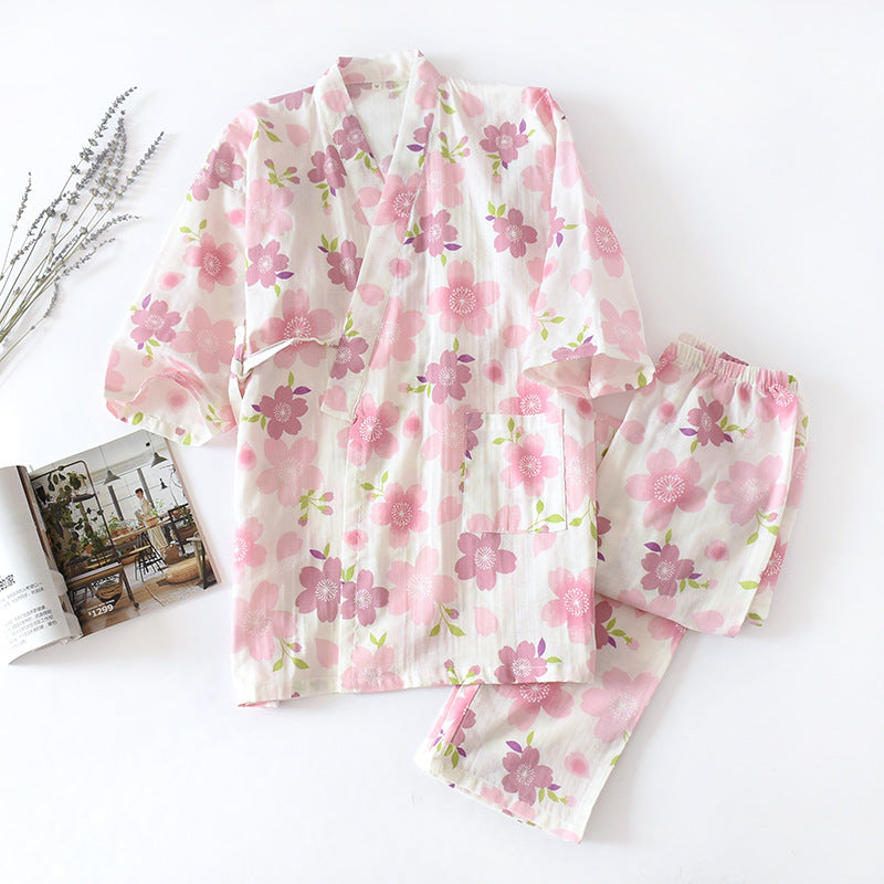 Cotton Gauze Pajama Set with Cherry Blossom Pattern