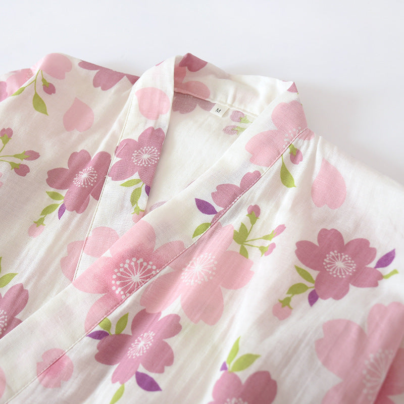 Cotton Gauze Pajama Set with Cherry Blossom Pattern
