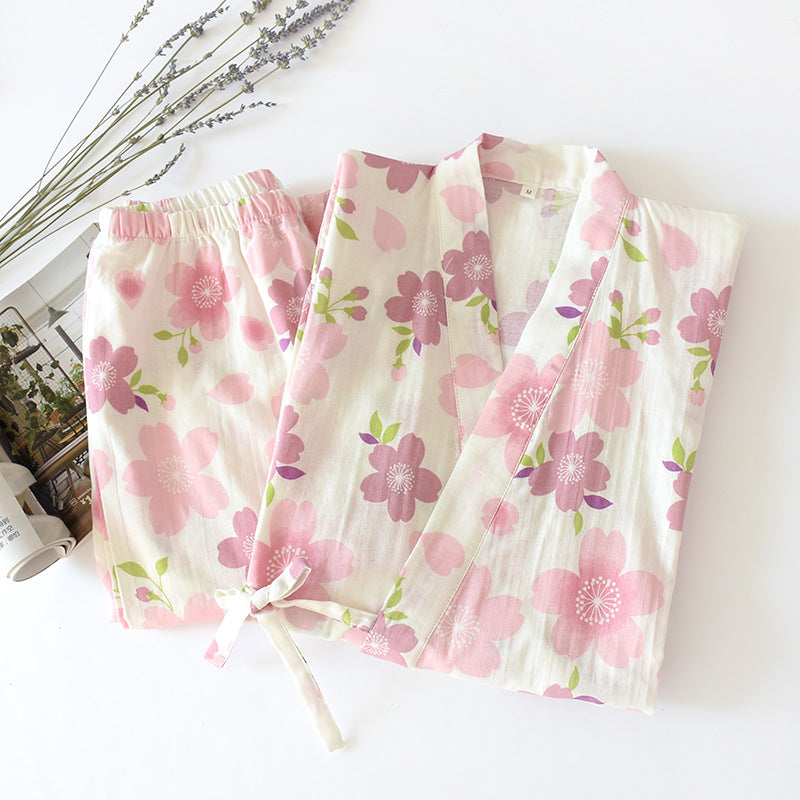 Cotton Gauze Pajama Set with Cherry Blossom Pattern