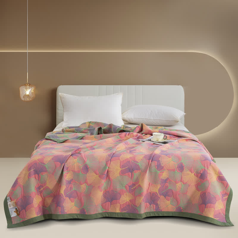 Botanical Cotton Gauze Quilt with Ginkgo Leaf Pattern