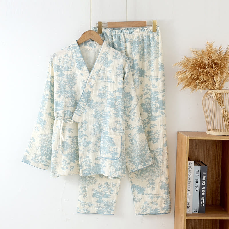 Cotton Gauze Kimono Pajama Set for Sleep and Lounge