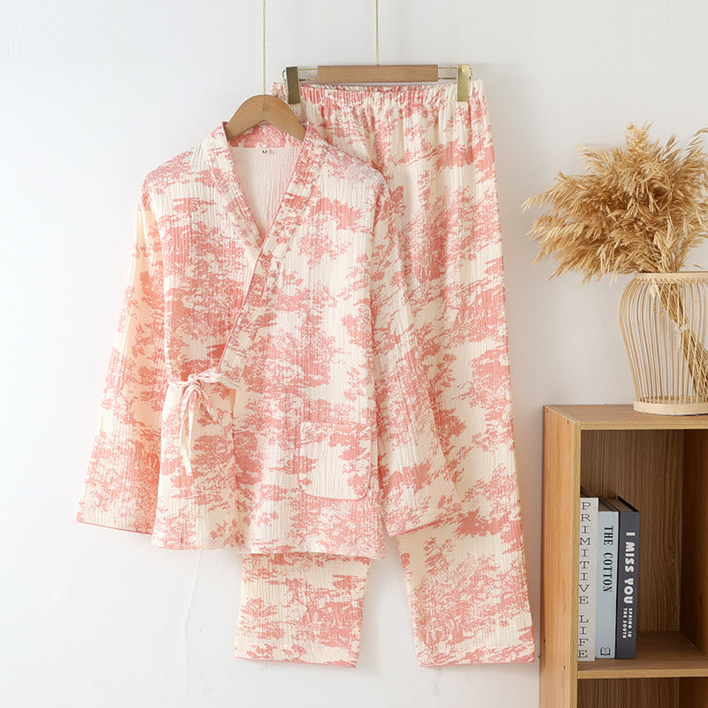 Cotton Gauze Kimono Pajama Set for Sleep and Lounge