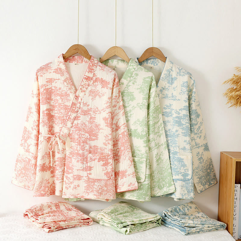 Cotton Gauze Kimono Pajama Set for Sleep and Lounge