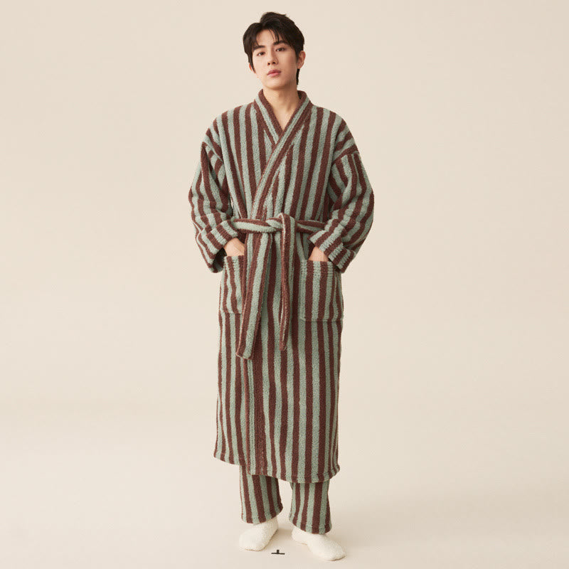 Striped Fleece Bathrobe, Soft Plush Robe, Unisex Loungewear, Indoor Outdoor