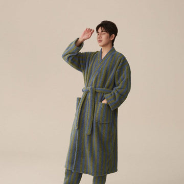 Striped Fleece Bathrobe, Soft Plush Robe, Unisex Loungewear, Indoor Outdoor