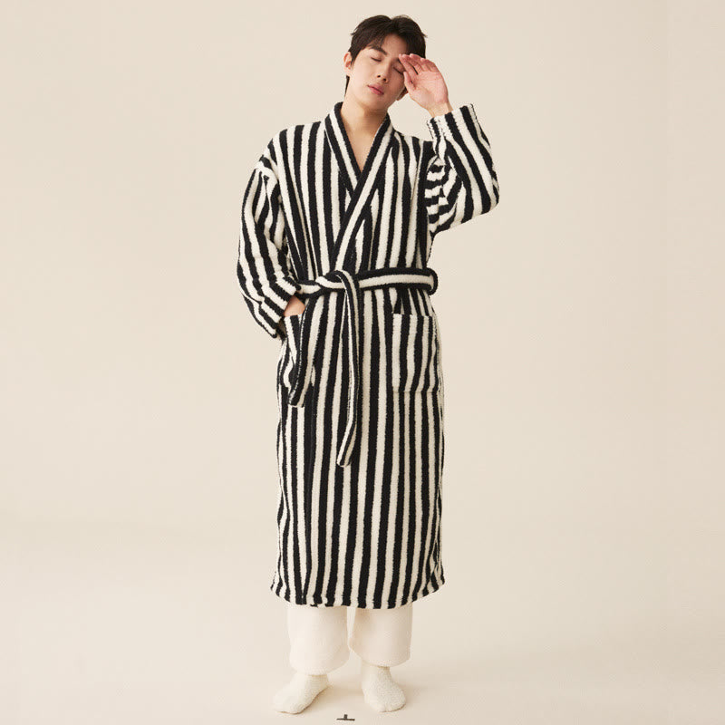 Striped Fleece Bathrobe, Soft Plush Robe, Unisex Loungewear, Indoor Outdoor