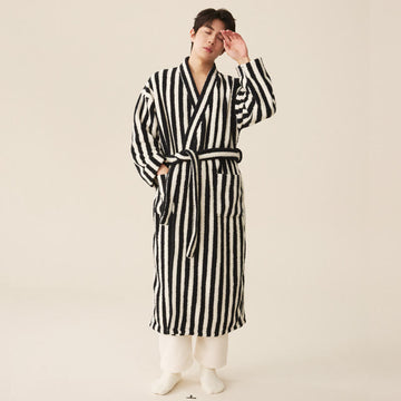 Striped Fleece Bathrobe, Soft Plush Robe, Unisex Loungewear, Indoor Outdoor