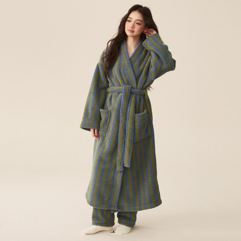 Striped Fleece Bathrobe for Indoor and Outdoor Lounge Wear