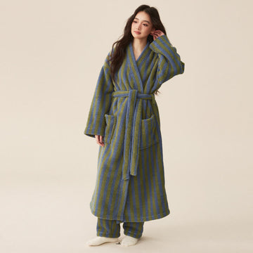 Striped Fleece Bathrobe, Soft Plush Robe, Unisex Loungewear, Indoor Outdoor