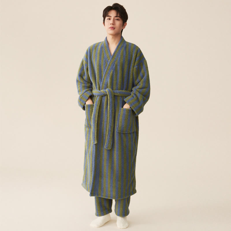 Striped Fleece Bathrobe, Soft Plush Robe, Unisex Loungewear, Indoor Outdoor