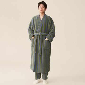 Striped Fleece Bathrobe, Soft Plush Robe, Unisex Loungewear, Indoor Outdoor